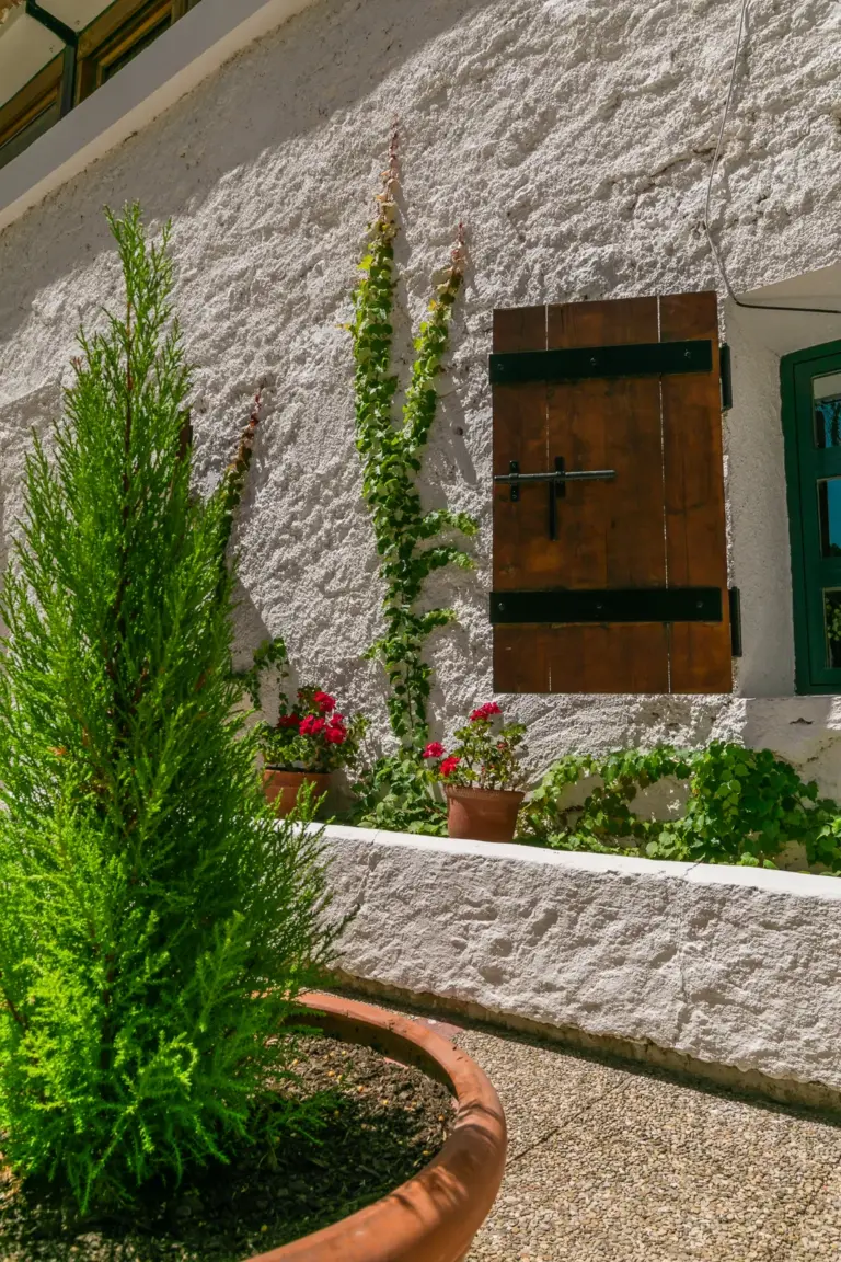 Detalle de la fachada rural y el jardín